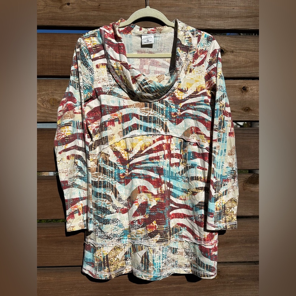 C.M.C. Color Me Cotton Multicolor Abstract Women's Tunic Cowl Neck Long Sleeve